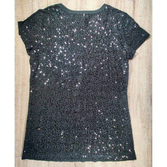 DKNY Sequined Short Sleeve Scoop Neck Shirt size M, Black - Picture 2 of 5